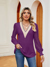 Cwtbll2401_V-Neck Lace Stitching Long-Sleeved Casual Top