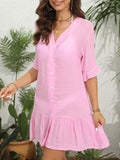V-Neck Ruffled Button Up Cardigan Casual Dress