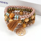 Cwmm10462_Wood Bead Rose Alloy Handmade Bracelet Set