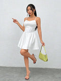 Solid-Color Pleated Back Zipper Halter Dress