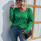 Solid Color V-Neck Hooded Vintage Twist Sweater