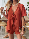 Trendy Tie-Front Shirt And Shorts Two-Piece Set