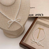 NEW SWEET RETRO BOW PEARL NECKLACE BRACELET SET_CWAJE3071