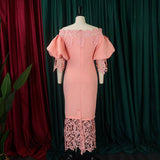 BOAT NECK LACE PATCHWORK LANTERN SLEEVE DRESS_CWDMD3683