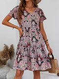 V-Neck Loose Holiday Print Lotus Sleeves Dress