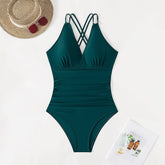 SEXY PLEATED BACK HOLLOW SLIM ONE PIECE SWIMSUIT_CWMW0614