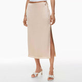 LACE UP SATIN SKIRT HIGH WAIST SLIT STRAIGHT SKIRT_CWBSS0416