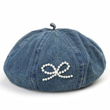 2024 NEW RETRO DENIM PEARL BOW BERET_CWAH1541