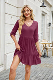 Solid Color Dress With V-Neck Pleats And Ruffles