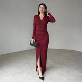 Stylish V-Neck Slim-Fit High-Waisted Slit Dress