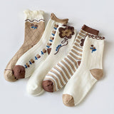 White Coffee Color Floral Print Crew Socks_Cwms0298