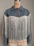 Washed Long Sleeve Denim Jacket With Fringe