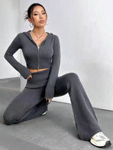Zipper Hooded Top,Low-Waisted Flared Pants Set