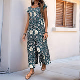 Vintage Floral Print Casual Straight-Leg Jumpsuit