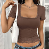 Y2K Solid Color Lace Patchwork Short Sleeve Shirt