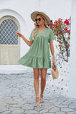 V Neck Solid Color Short Sleeve Pleated Dress_Cwdsd2696