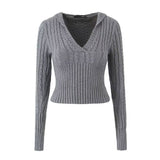 V-Neck Hooded Short Knit Sweater