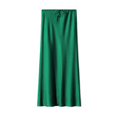 SATIN LONG SKIRT HIGH WAIST DRAWSTRING SKIRT_CWAB4792