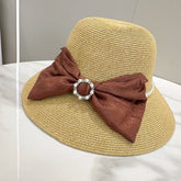 FASHIONABLE PEARL BUTTON BOW SUN HAT_CWAH3595