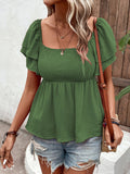 Solid-Color Cable-Lined Puffed-Sleeve T-Shirt