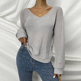 V-Neck Hollow Solid Color Knitted Long Sleeve Top