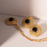 PERSONALIZED RETRO COIL INLAID BLACK AGATE EARRINGS_CWMM2346