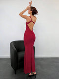 Womens Elegant Backless Red Evening Gown