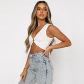 Solid Color Cut-Out V-Neck Vest With Midriff