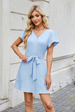 Solid Color V-Neck Belt Button-Up Dress