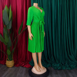 SOLID COLOR V NECK LONG SLEEVE PLEATED SKIRT DRESS_CWDSD6145