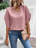 Solid Lace V-Neck Flared Sleeves Loose Blouse