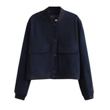 Solid Short Jacket With Large Pocket Stand Collar