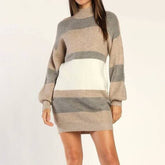 Striped Contrast Color Crew-Neck Sweater Dress
