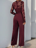 Solid Color Jumpsuit Lace Patchwork Zipper