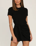 Solid Color Short-Sleeved Dress With Hem Lace