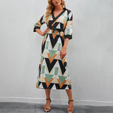 V-Neck Lapel Lace-Up Slim-Fit Long-Sleeved Dress