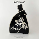 Black And White Rose Knitted Shoulder Tote Bag_Cwab1518