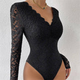 SOLID COLOR LACE LONG SLEEVE HOT GIRL SLIM BODYSUIT_CWMM4627