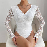 SOLID COLOR LACE LONG SLEEVE HOT GIRL SLIM BODYSUIT_CWMM4627