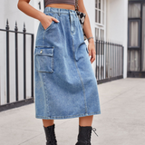 Wome Washed Denim Cargo Midi Skirt Slim Fit_Cwjsk0198
