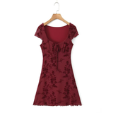 NEW WOMEN S FLORAL VELVET TIE SHORT SLEEVE DRESS_CWDMD5815