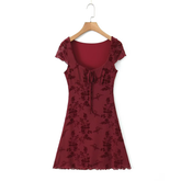 NEW WOMEN S FLORAL VELVET TIE SHORT SLEEVE DRESS_CWDMD5815