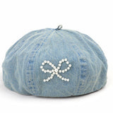 2024 NEW RETRO DENIM PEARL BOW BERET_CWAH1541