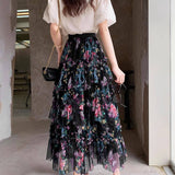 COLORFUL FLORAL MESH PRINT PLEATED TULLE SKIRT_CWBLS0399