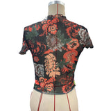 SEMI SHEER MESH FLORAL PRINT SHORT SLEEVED TOP_CWTBLS1509