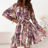Stand Collar Plant Print Lace-Up Waist Dress