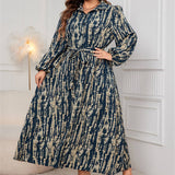 PLUS SIZE PRINTED DRESS POLO COLLAR LONG SLEEVE_CWDMD5969