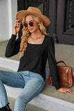 Square Collar Jacquard Long-Sleeved Loose T-Shirt