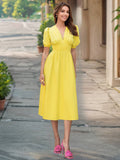 Solid-Color V-Neck Lantern Sleeve Fitted Dress