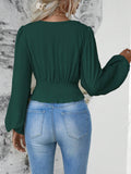 Waistband V-Neck Sleeved Ruffled Long-Sleeved Top
